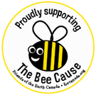 A bee that is the logo for The Bee Cause initiative supported by the Friends of the Earth Canada