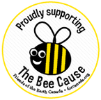 A bee that is the logo for The Bee Cause initiative supported by the Friends of the Earth Canada