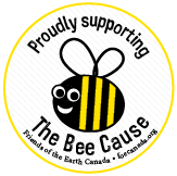 A bee that is the logo for The Bee Cause initiative supported by the Friends of the Earth Canada
