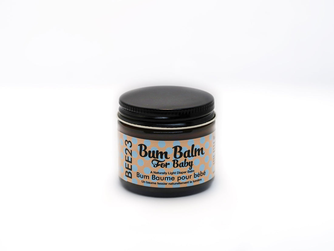 SKIN CARE BALM for Baby! BEE23 Bum Balm for Baby is very popular with new parents. Not only is it an excellent barrier cream reducing redness and rashes while protecting skin from moisture, but it is also free of zinc oxide and safe for cloth diapers use. This is a naturally light and sensitive formula with no essential oils. It makes a very good moisturizer for facial care for those with very sensitive skin issues. We decided to let the sweetness of the beeswax add a gentle aroma to the product.