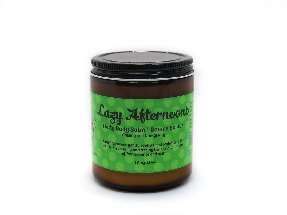 Body Balms! Lazy Afternoons Hotty Body Balm gently soothes and replenishes the skin while calming the spirit with unisex notes of frankincense and rose. This is the best body care product ever for moisturizing skin because there is no water and only the good stuff such as shea butter, jojoba oil, calendula and beeswax.