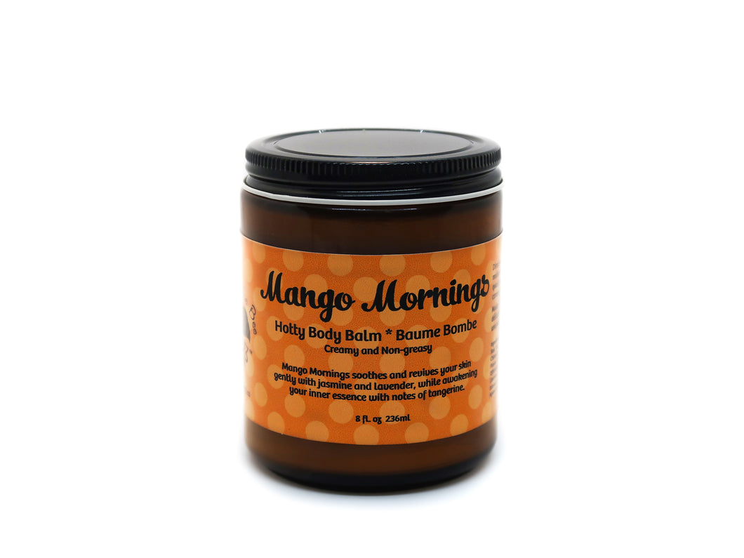 Body Balms! Mango Mornings Hotty Balm is your good morning beautiful day blend. It soothes and revives skin gently with jasmine and lavender essential oils while awakening inner essence with notes of tangerine. This is the best body care product for full body sensitive, acne-prone skin and when looking for an all-purpose in the gym bag product. 100% All Natural Body Balm Soothes & revives skin